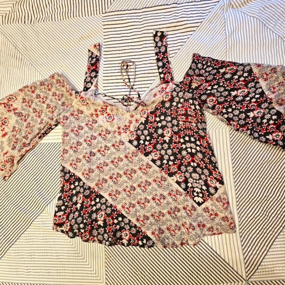 Rebecca Minkoff Soft Purple, Red and Black off the Shoulder Cutout Bohemian Top